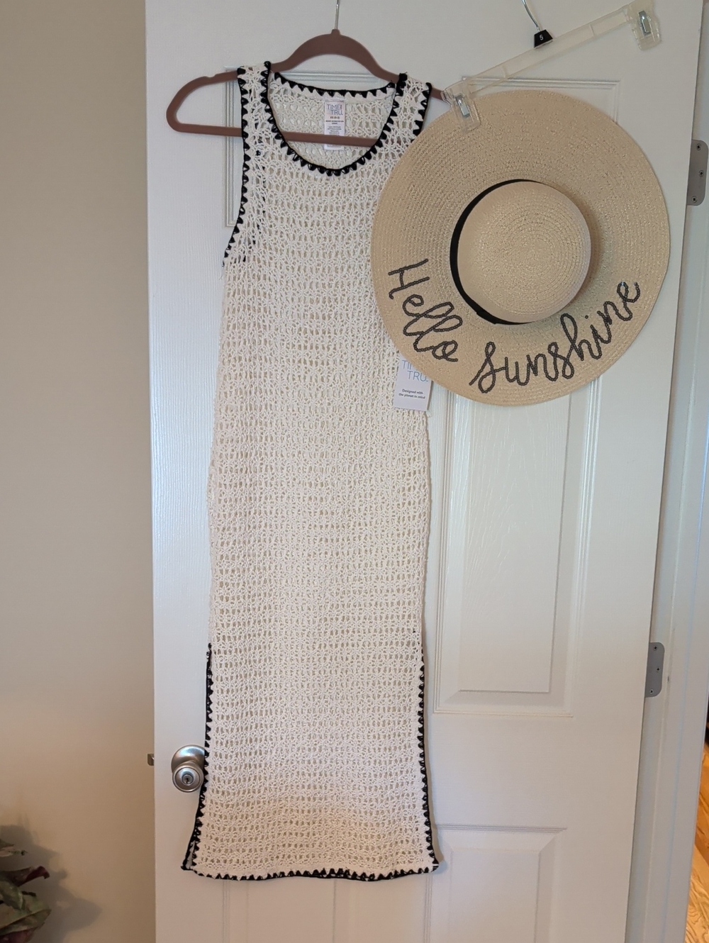 Crochet Knit Beach Cover-Up Dress with Black Trim
